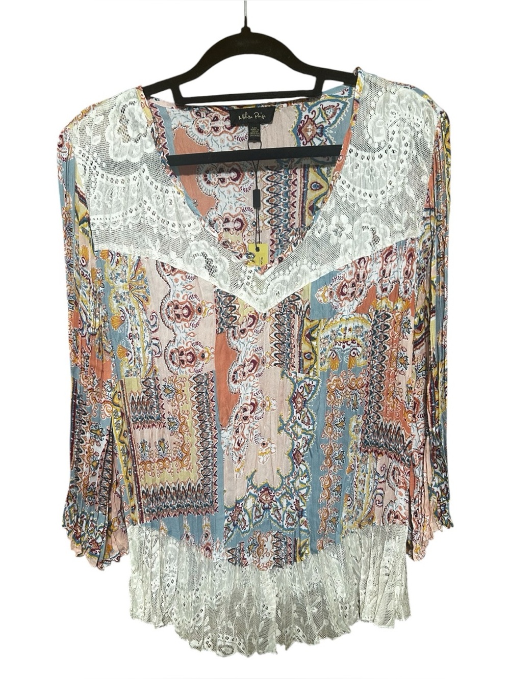NWT Melissa Paige Boho Paisley Pleated Lace Blouse Large